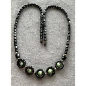 metallic gray hematite bead necklace green cat's eye Pendants Vintage Estate
